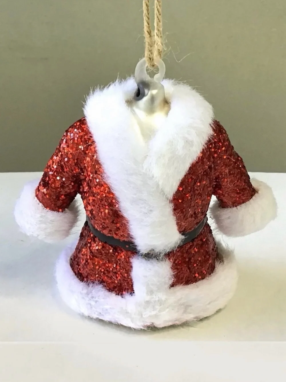 Mr Santa Claus Coat Christmas Ornament Red Glitter Soft White Fur Twine Hanger